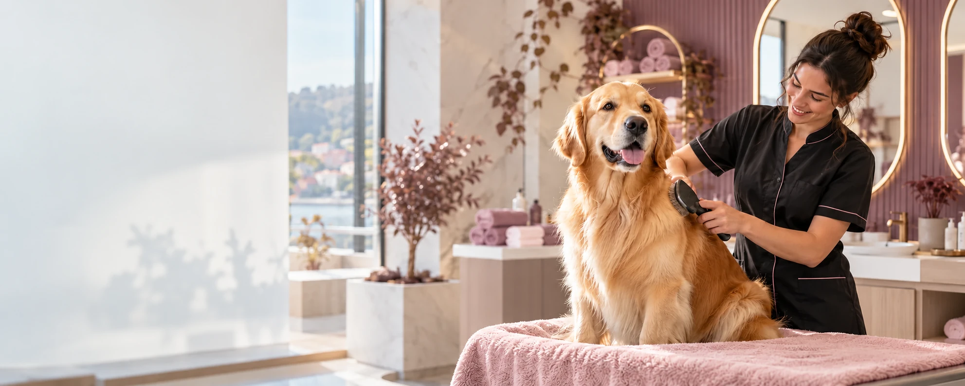 Cão feliz a receber cuidados de uma profissional num espaço luminoso e tranquilo