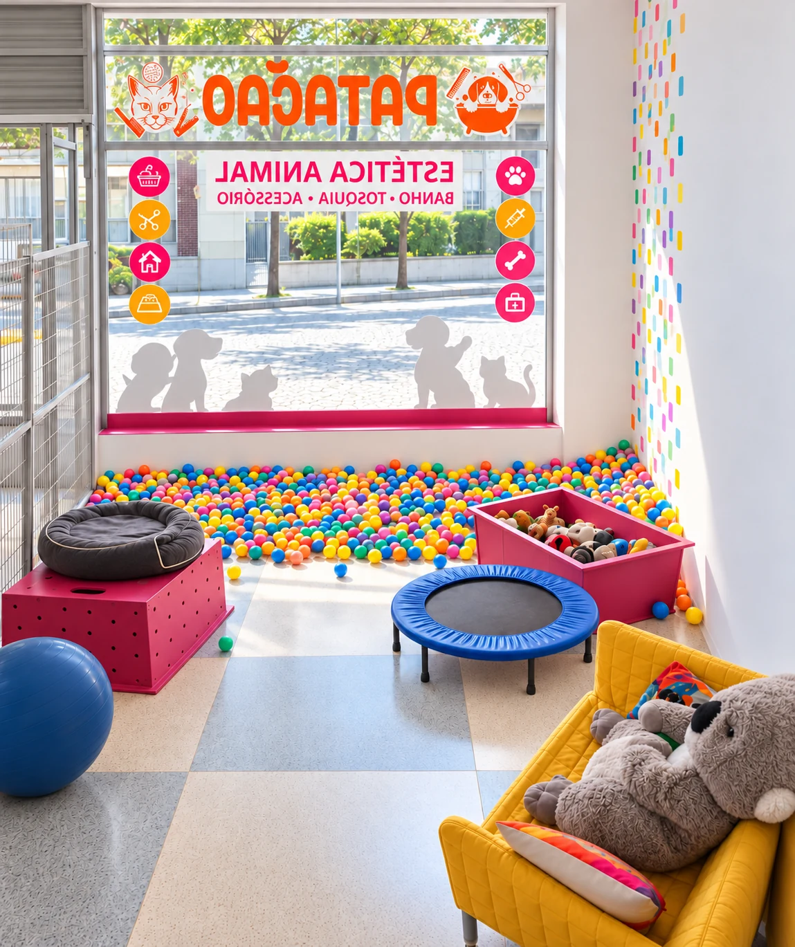 Sala de brincadeiras luminosa do Patacão, com piscina de bolas, brinquedos, cama e equipamentos para os pets