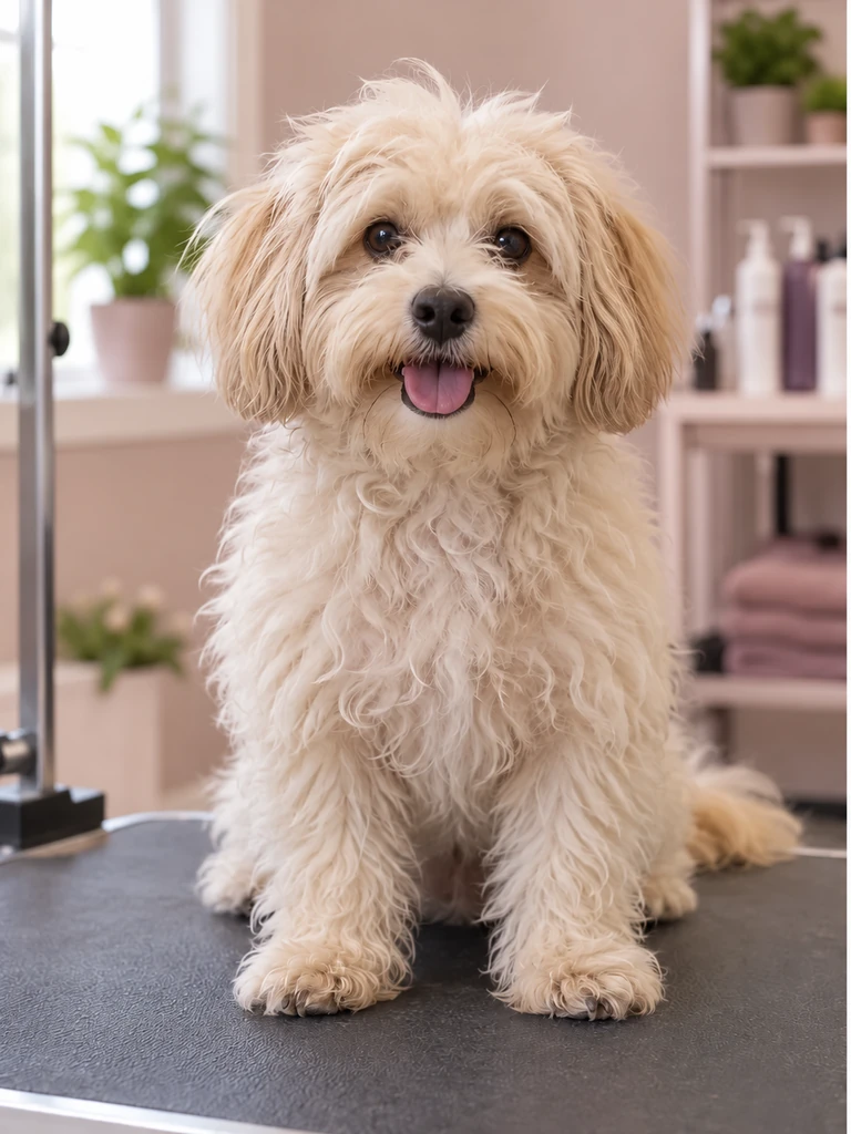 Cão de pelo creme antes do cuidado de estética pet